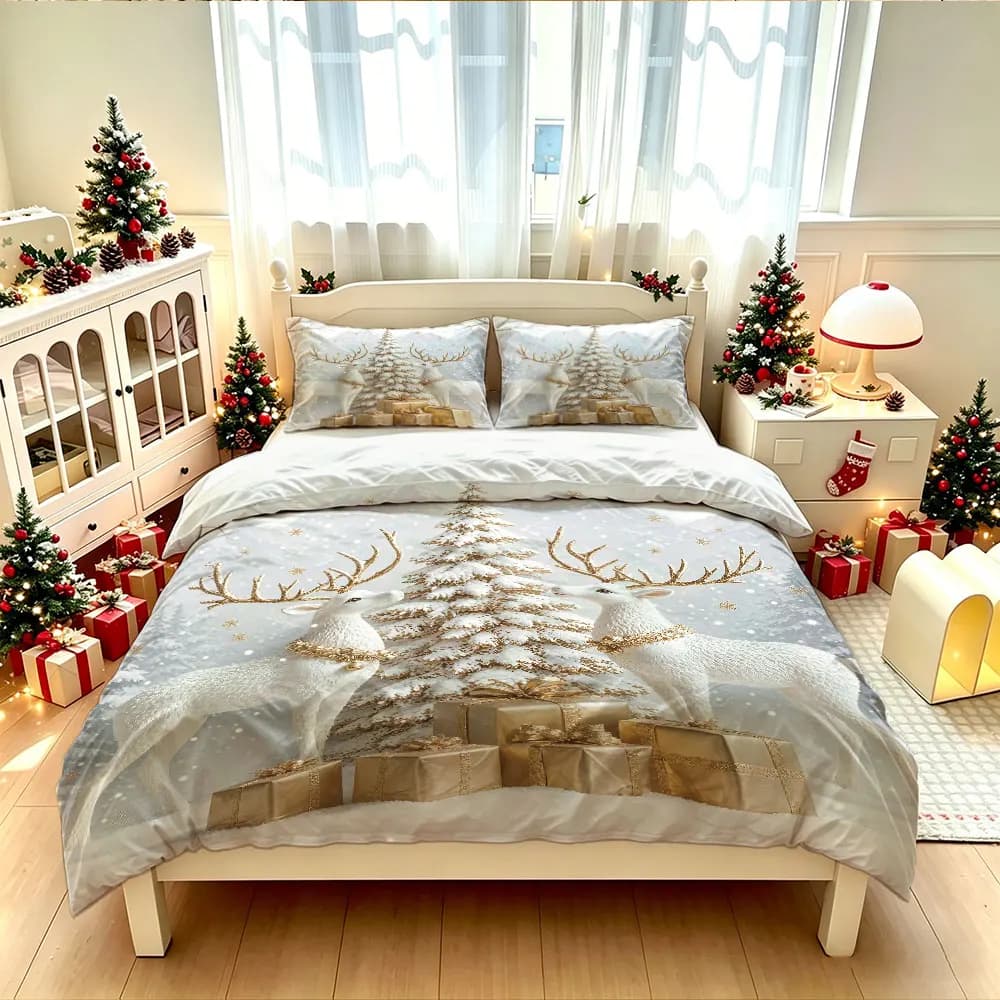 Christmas Duvet Cover Set 3Pcs Gold Xmas Tree White Reindeer Print Soft Microfiber Bedding with Pillowcases Decor