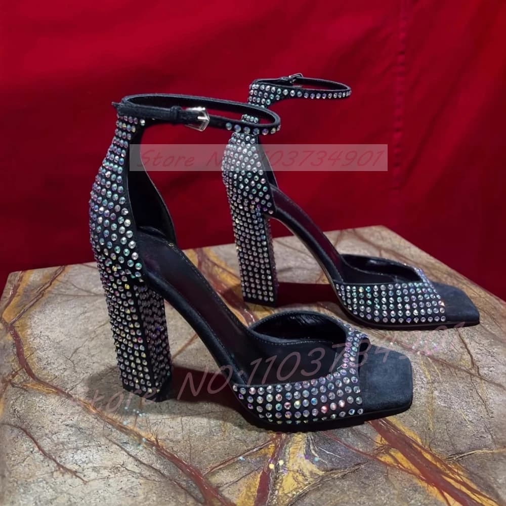 Colorfully Crystal Chunky Heel Sandals Women Square Toe Ankle Strap Black Suede High Heels Shoes Lady Summer Party Sandals