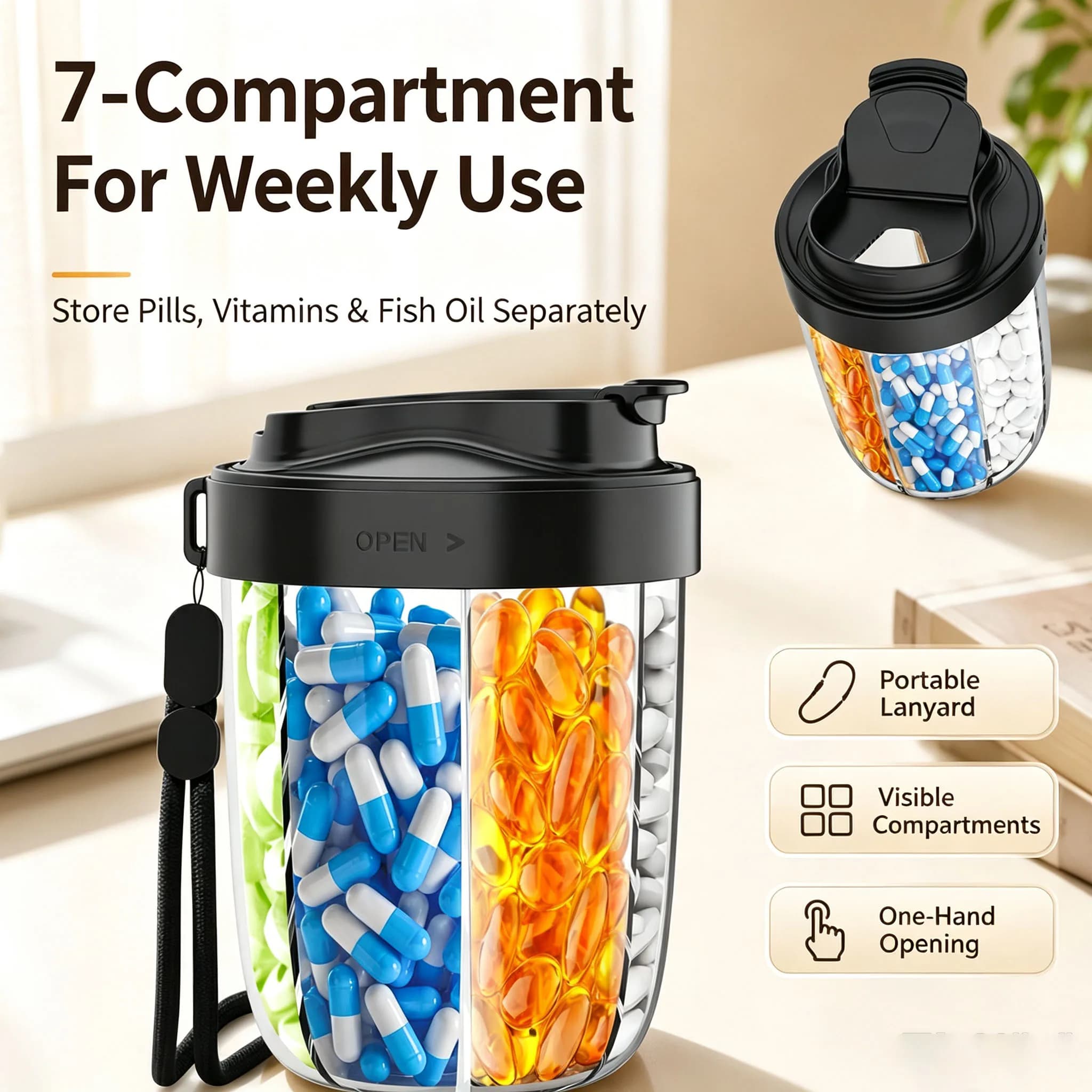7-Compartment Vitamin Supplement Storage Box Portable Energy Boost Capsule Organizer Confusion-Reducing Design Storage Box