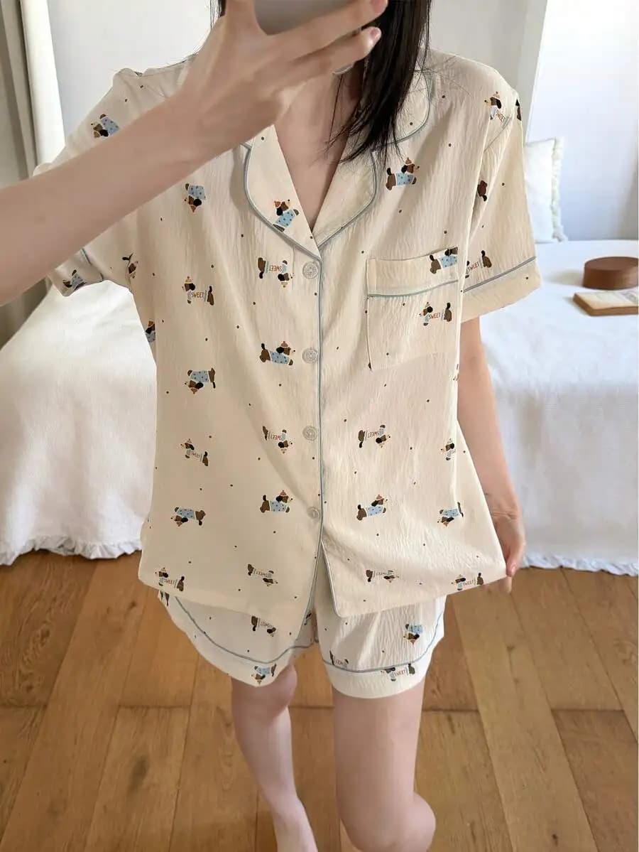 Women Button-Up Short Sleeve Pajama Set With Animal Print And Polka Dot, Lapel Collar Sleepwear For Spring Summer