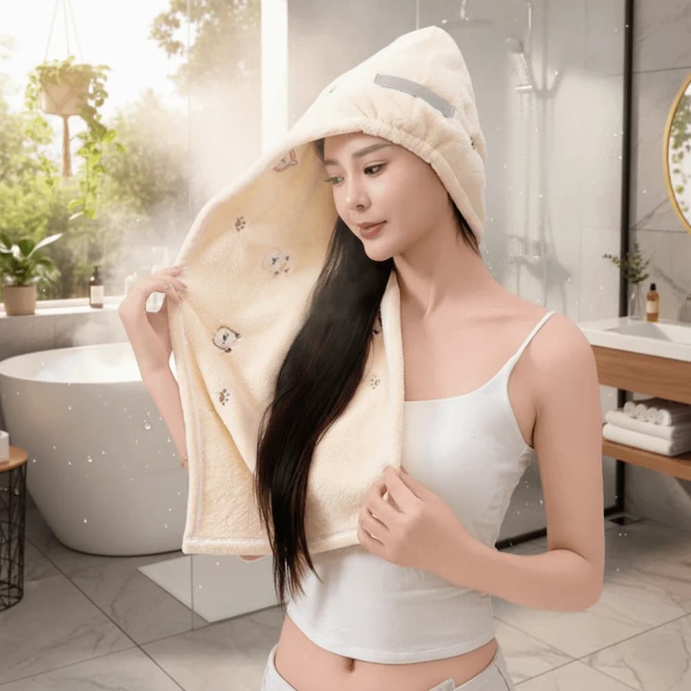 Comfortable Shower Headset with Bear Shape Embroidery, Cartoon Cover thick in Coral Apple, Extra-Large Bathroom Hat for Swimming