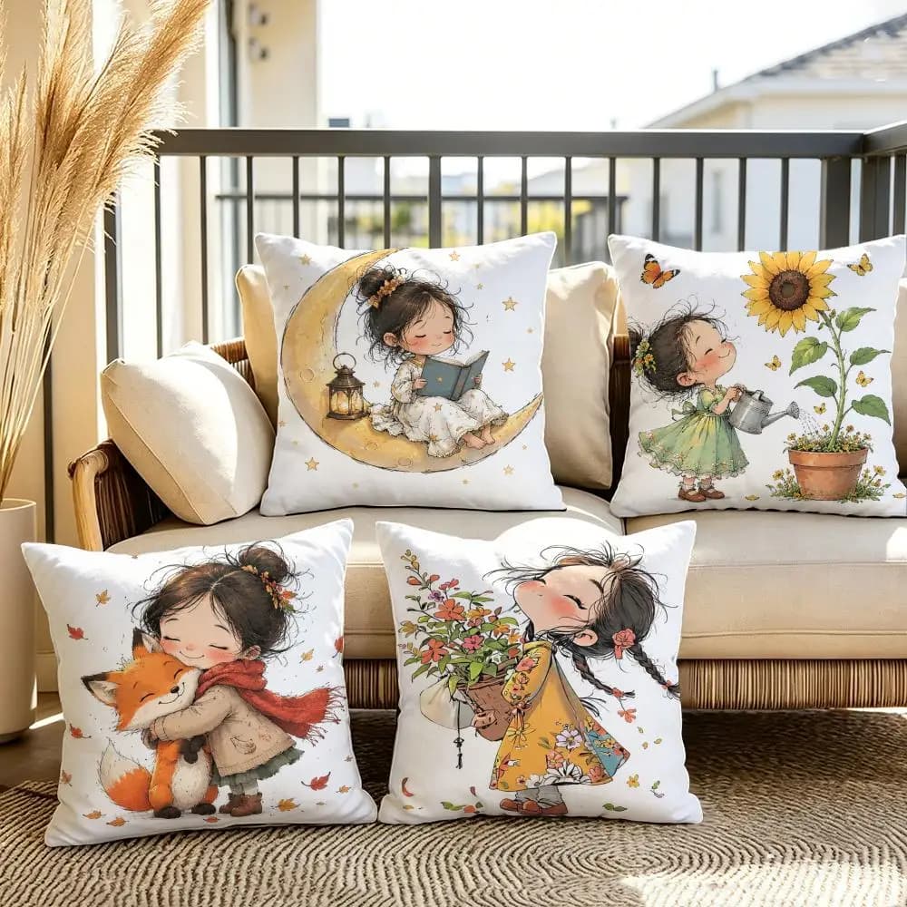The Cute Girl Holding The Fox Cushion Cover Plush Fabric Soft Double-Sided Printed Sofa Warm Winter Home Gift Pillow Cover