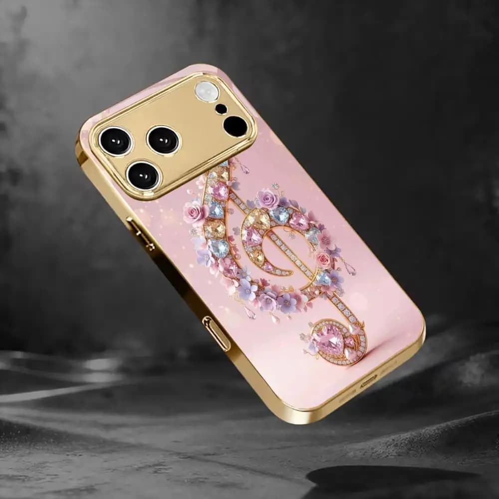 Pink brickstone musical note electroplated glass TPU phone case for iPhone 17/16/15/14/13/12/11/Pro/Plus/Max cover