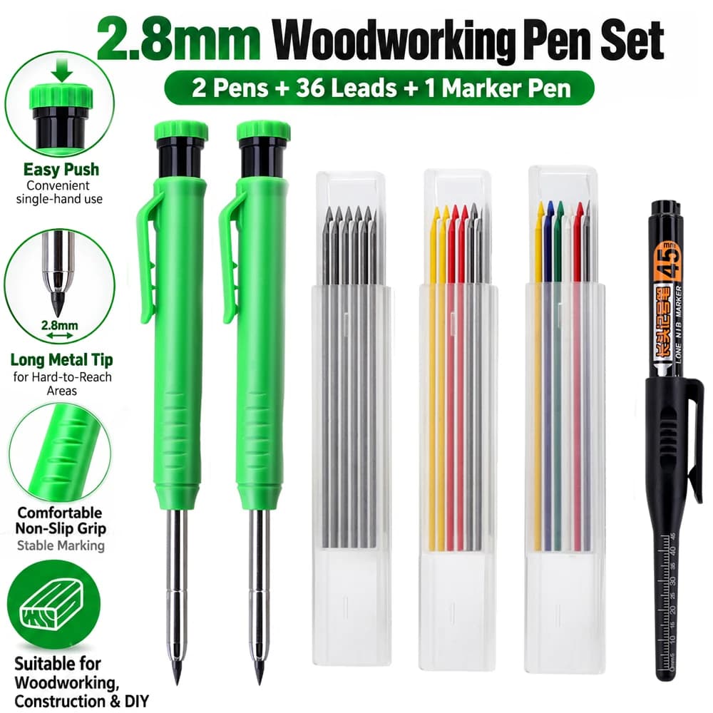 Woodworking Pencil Set, Deep Hole Marking And Drawing, With 2.8mm Leads and 1Marker Pen,For Carpenter Woodworking Architect