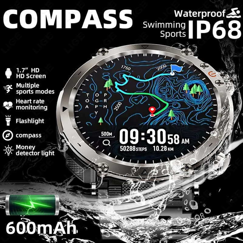 LIGE Nuovo Smartwatch da Esterno 600mAh per Uomo con Torcia LED, Bussola, Chiamata Bluetooth, Cardiofrequenzimetro, IP68, Sportivo 2026