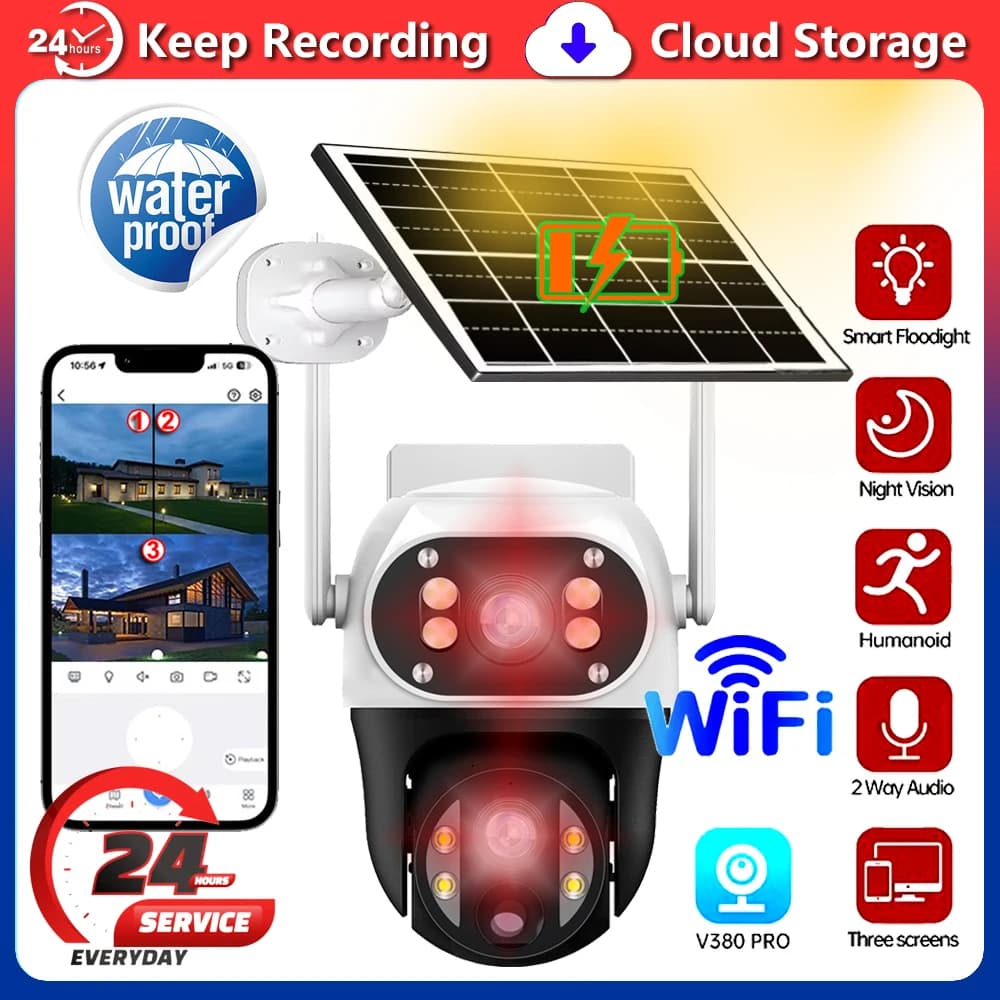 Telecamera Wifi esterna solare V380 Pro Doppia lente 12MP Visione notturna Protezione domestica intelligente Telecamere CCTV di sorveglianza di sicurezza wireless