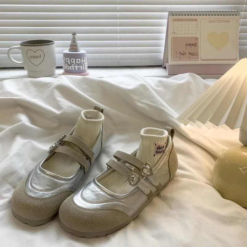 2026 New Women Silver Mary Jane Shoes Heart Buckle Double Strap Flat Shoes Non Slip Comfortable Casual Fashion Dress Footwear