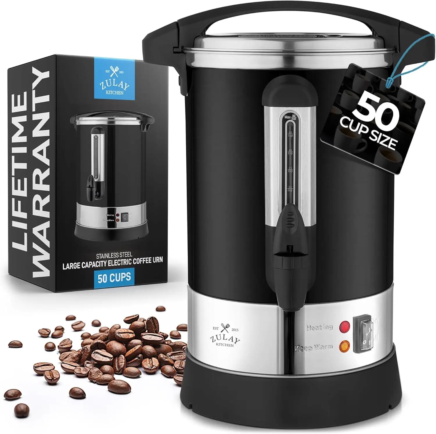 Caffettiera e Dispenser Acqua Calda - Percolatore in Acciaio Inox a Doppia Parete per Preparazione Rapida, per Eventi e Catering, Nero, 50 Tazze