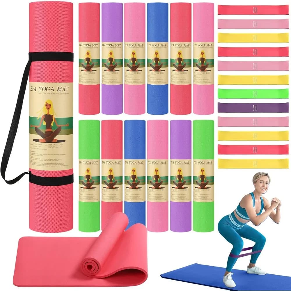 Set Yoga da 36 Pezzi Include 12 Tappetini 68x24x6mm Antiscivolo, 12 Fasce di Resistenza, 12 Cinghie per Donne, Palestra e Pilates