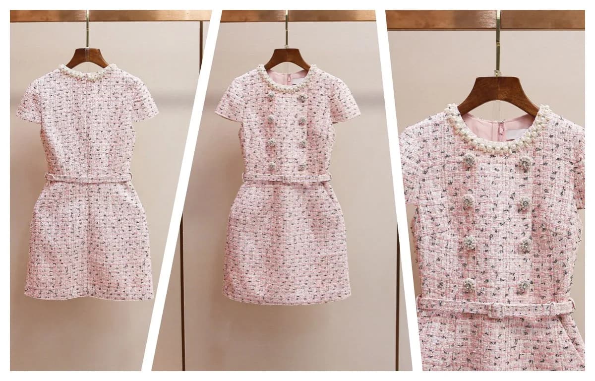 Nuovo Abito Estivo Primaverile in Tweed Rosa con Perline Fatte a Mano, Collo Tondo, Elegante Vestito da Donna a Maniche Corte Aderente con Cintura