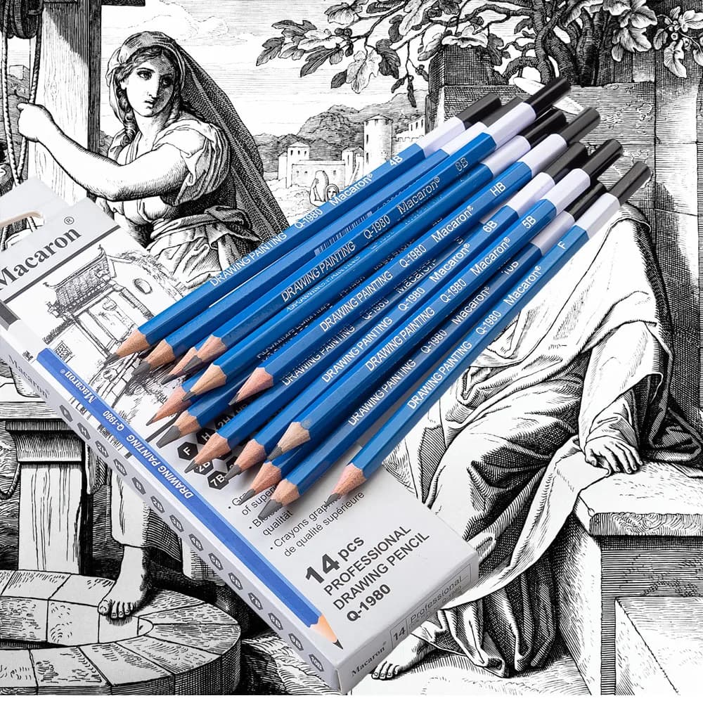 14Pcs Professional Sketch Charcoal Pencils Set 2H-10B for Artists Beginners Wooden Lead Drawing and Sketching Art Supplies