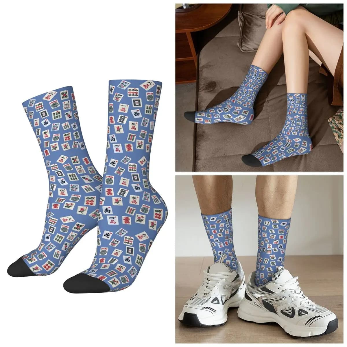 Simboli di piastrelle MahJong per tutte le stagioni Design su calzini blu Calzini Harajuku Crew Calze assorbenti del sudore per uomini e donne Regali