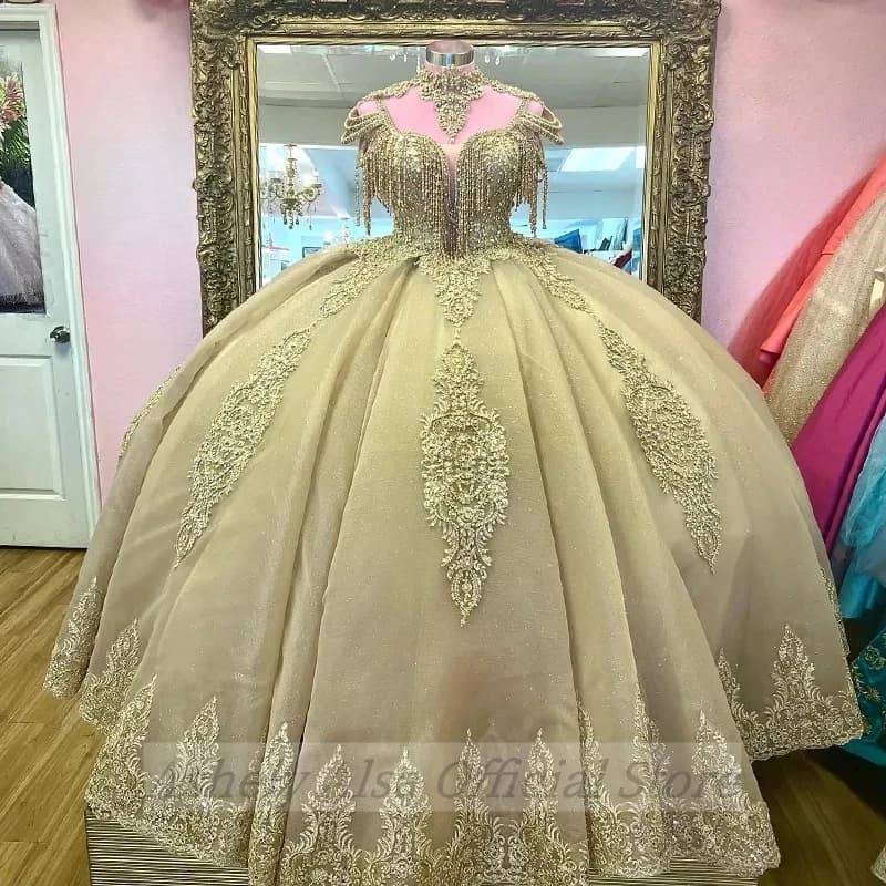 Customized Saudi Arabic Princess Beaded Quinceanera Dresses High Neck Crystal Ball Gown Prom Birthday Party Gown Vestido 15 16