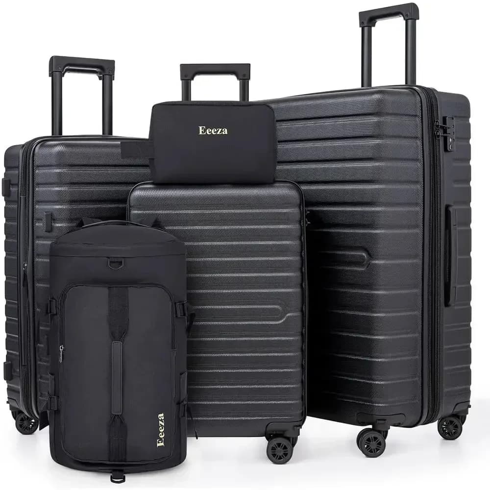 Expandable 21-30 Inch 5-Piece Luggage Set with ABS Shell, TSA Lock, and Spinner Wheels - Black