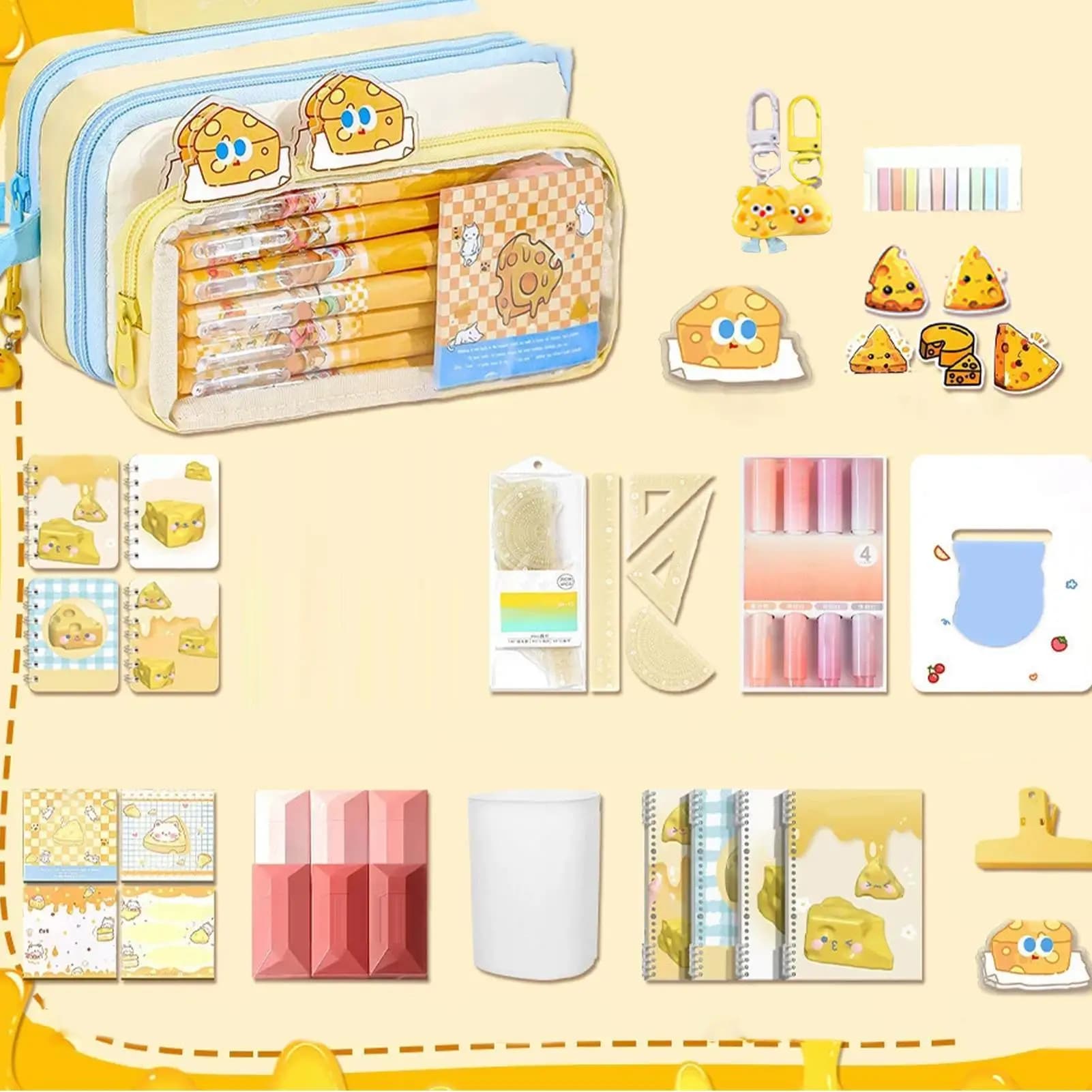 Cute Pencil Case With Supplies Cute Cheese Large Capacity Stationery 30 Pieces Kids School Supplies Set For Home After-Class