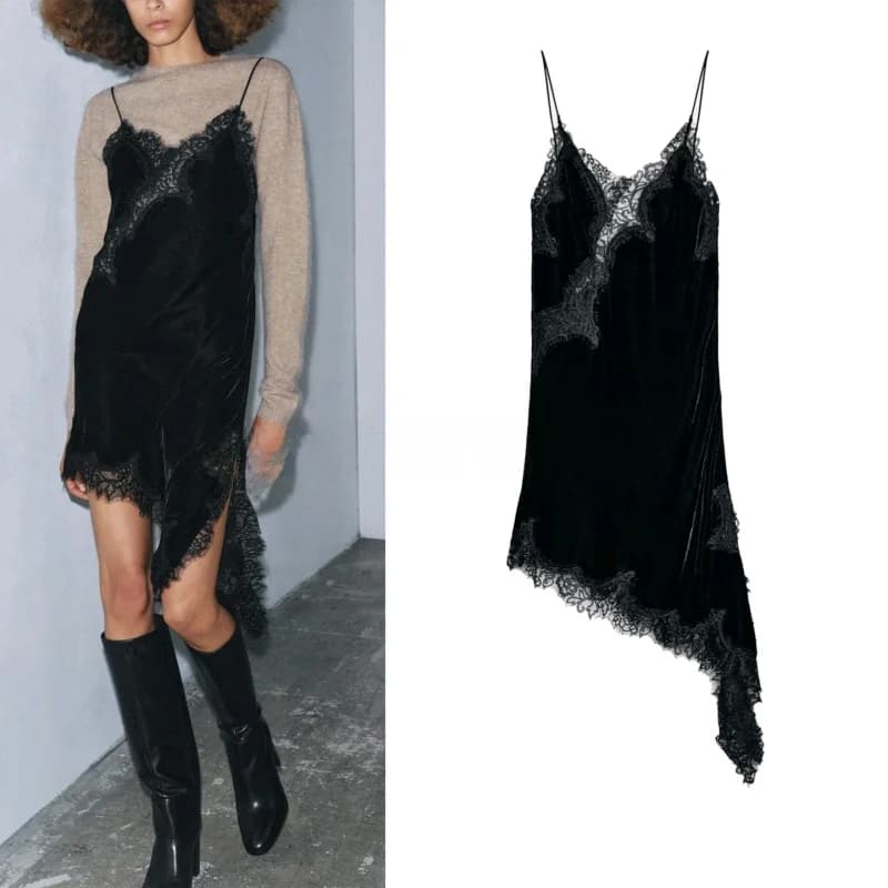 Elegant Velvet Lace Trim V-Neck Strap Dress Women's Asymmetrical Black Dress Polyester Fabric No Sleeve Slim Fit Daily Wear