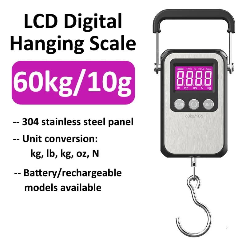 Bilancia a gancio digitale LCD da 60 kg/10 g Bilancia elettronica per bagagli in acciaio inossidabile Batteria/Ricarica USB Bilancia portatile