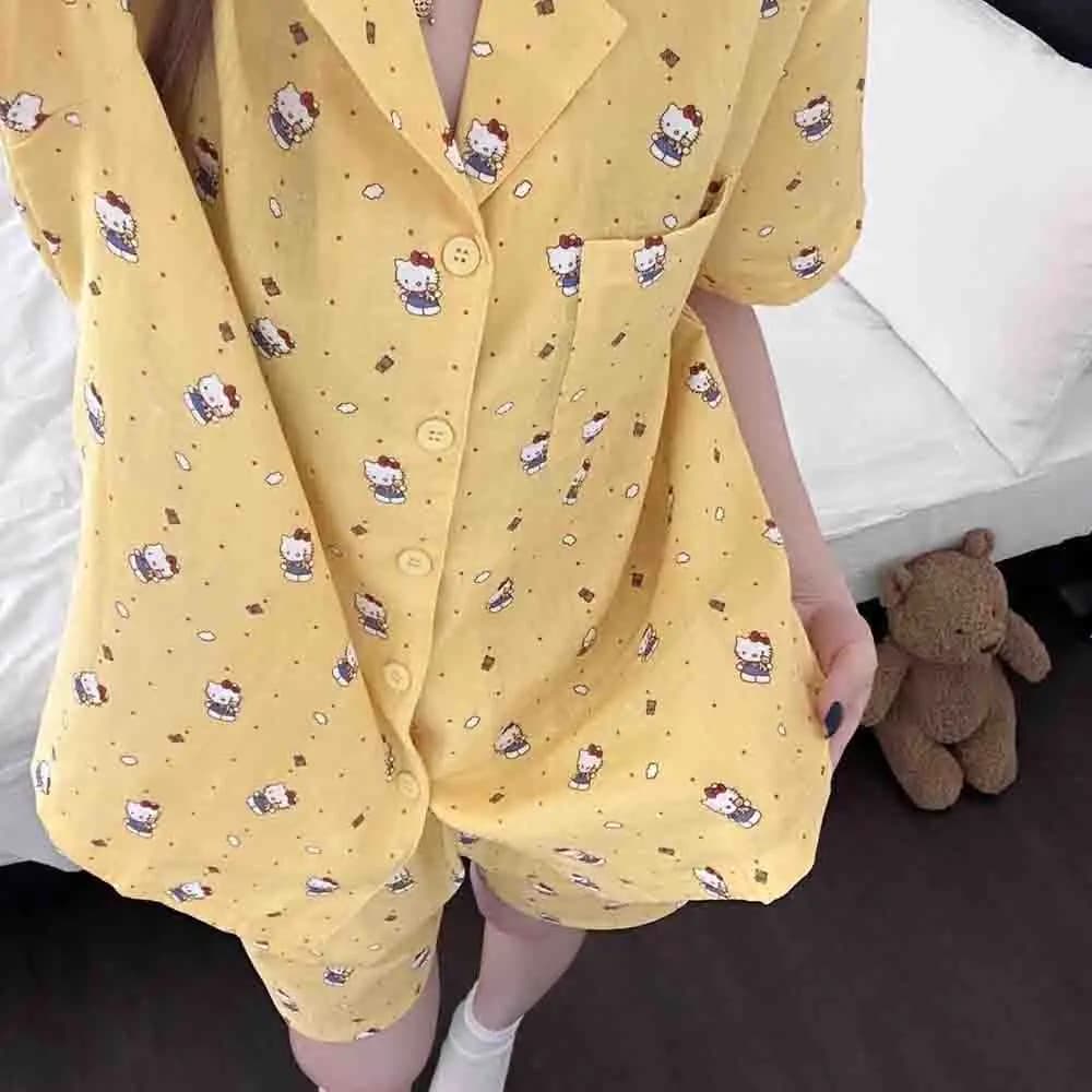 Hello Kitty Cartoon Pajamas Women's Summer Short Sleeved Shorts Sweet Beauty Student Home Clothes Cute Kawaii Loose Pajamas