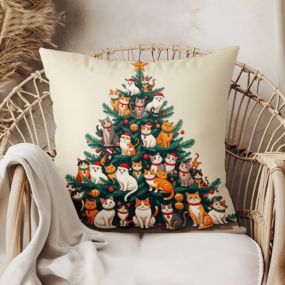 Square Throw Pillow Case Cream White Christmas Tree With Cute Cats Pattern For Home Sofa Chair Bedroom Living Room Decor