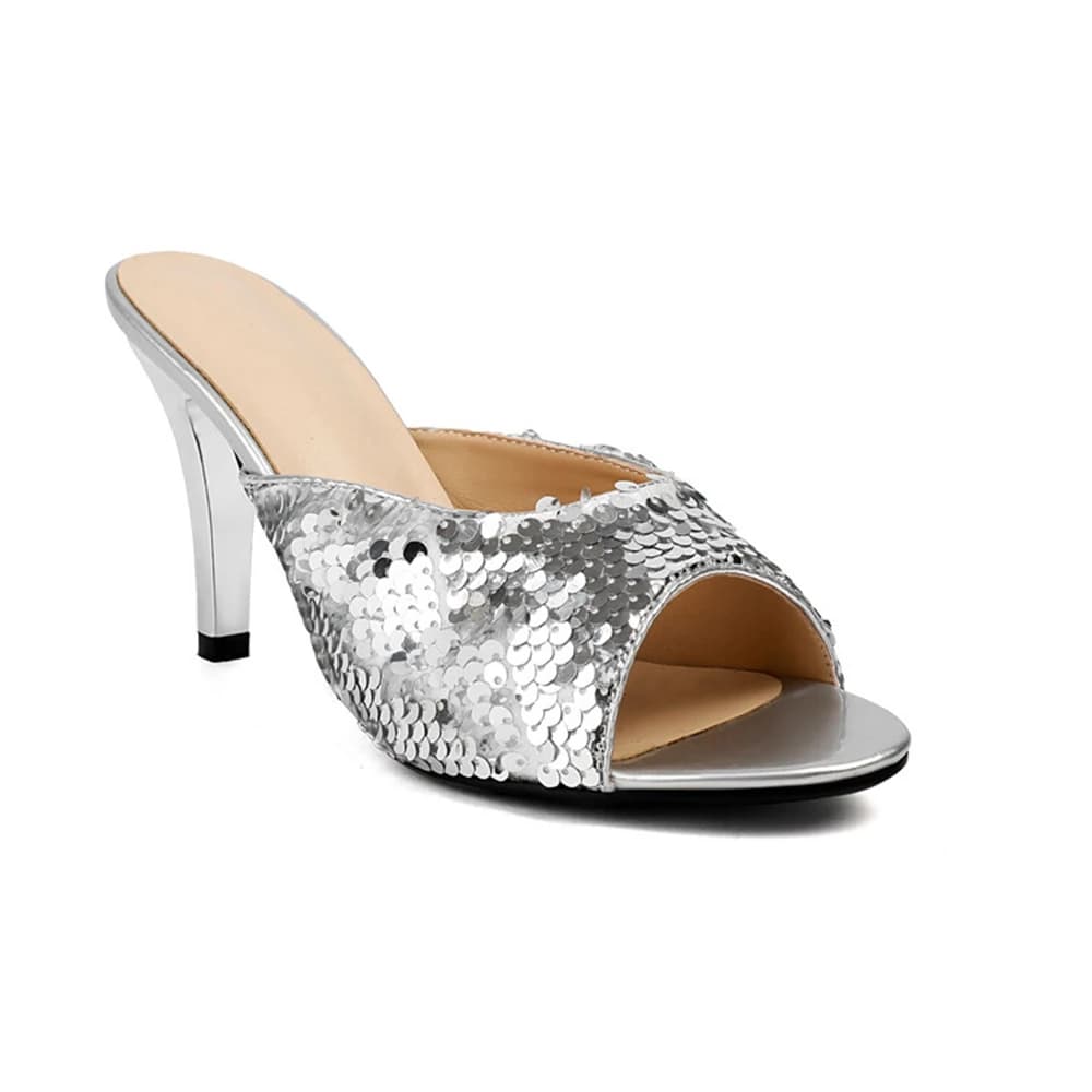Mules con tacco alto e punta aperta con paillettes glitterate per donna, ciabatte slip-on per feste e matrimoni, taglie grandi 32-47 305