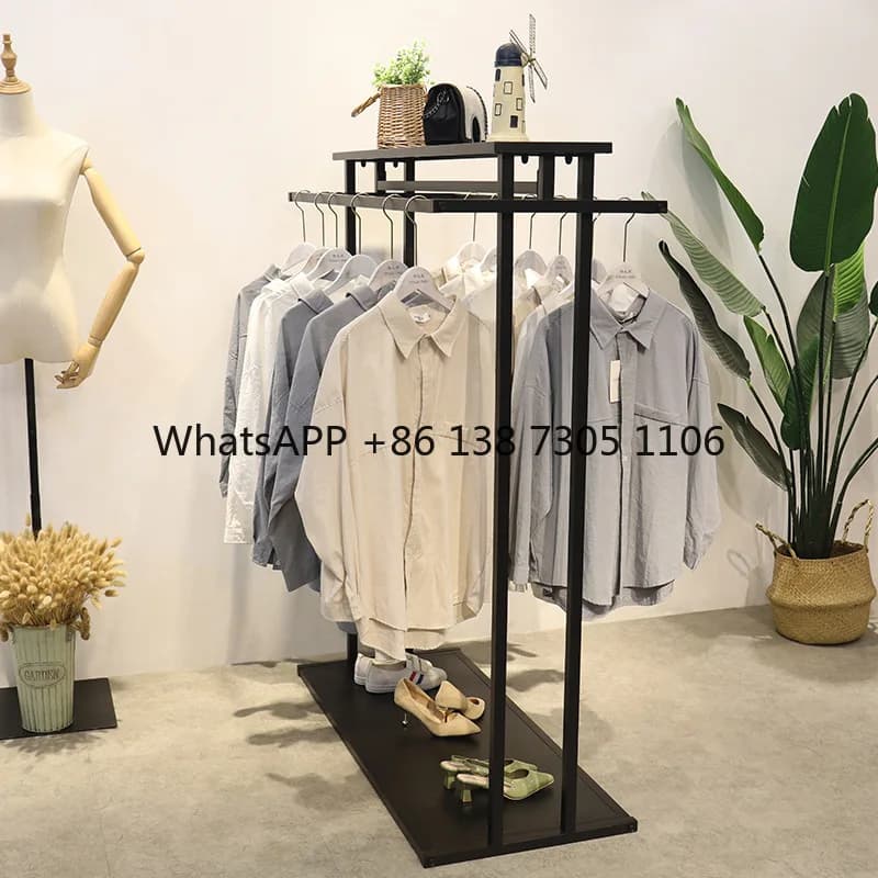 Simple Clothing Store Nakajima Display for Double Row Clothes Hanger Floor shelf for Women's Wrought Iron Clothing Shop Black
