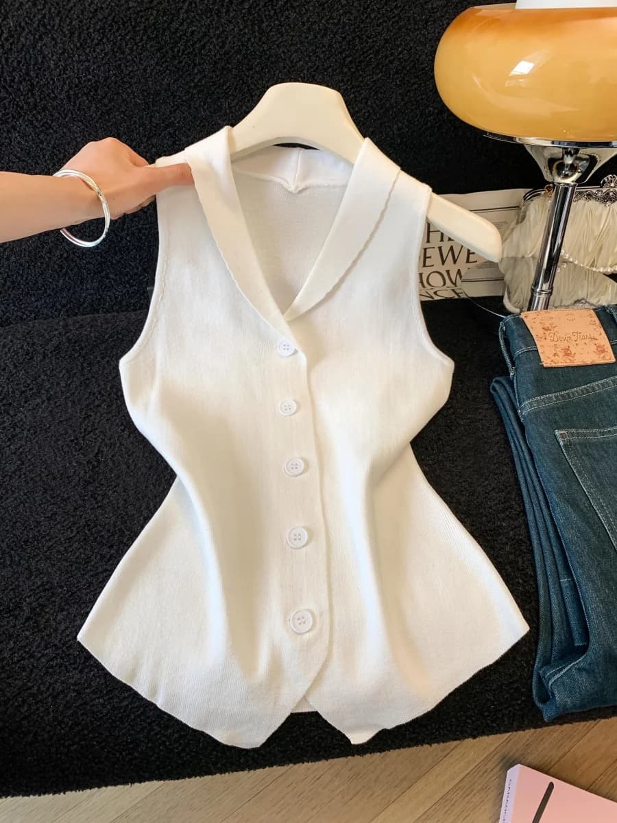 White Knitted Summer Vest Strap Women's Fashionable Single Button Shoulder Top Sleeveless Turn-down Collar Inner Wear Short S...