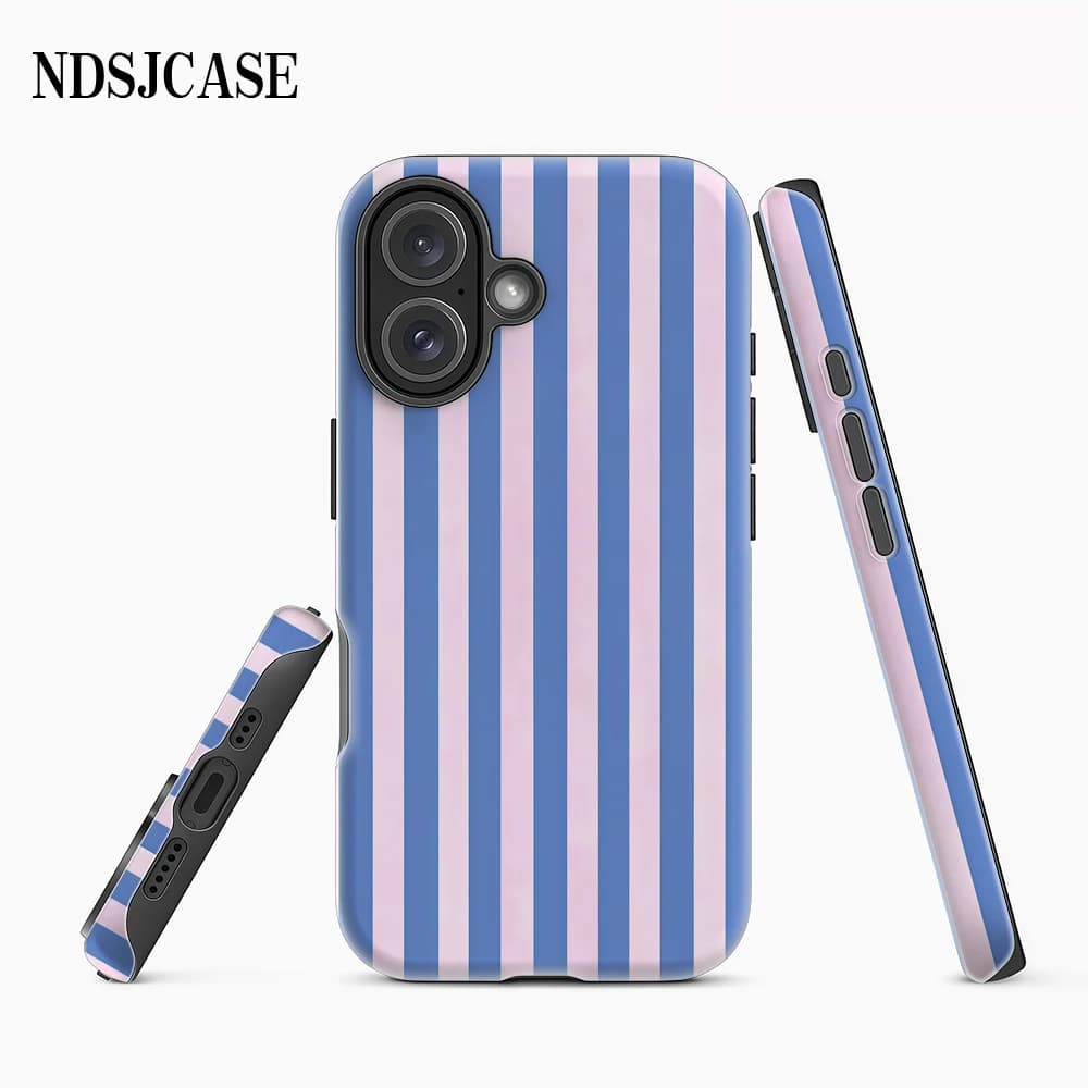 Blue & Pink Vertical Stripes Phone Case for iPhone 17 16 15 14 13 12 11 X XS XR XSMAX 7 8 Air Pro Max Plus Luxury Double-layer