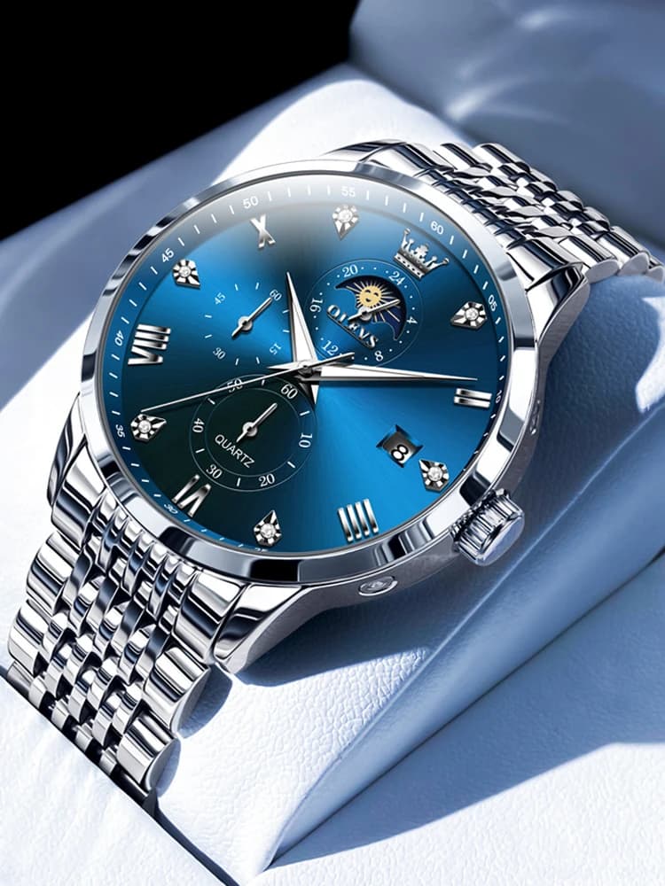 Nuovo Orologio da Uomo OLEVS Blu Impermeabile Luminoso con Fasi Lunari Orologio Sportivo da Uomo in Acciaio Inossidabile