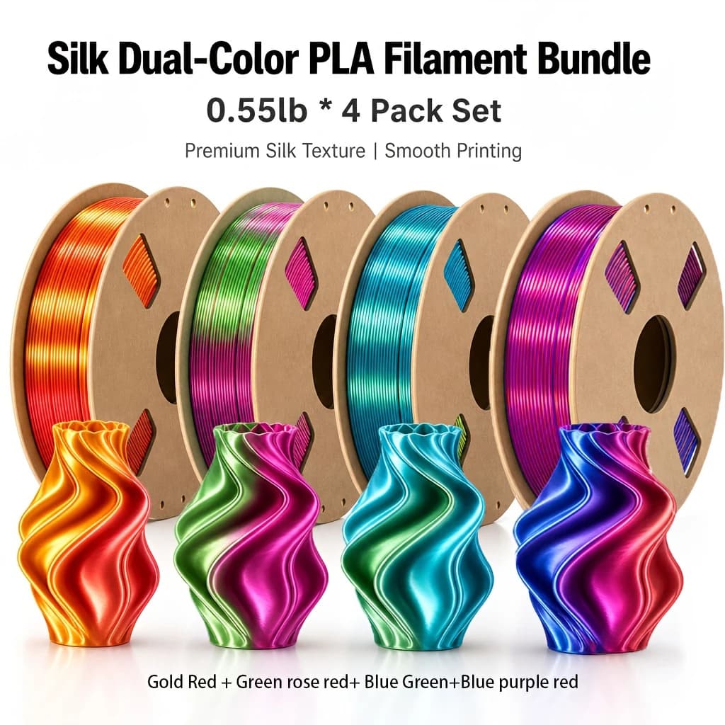 Dual-color Silk PLA Filament for 3D Printers, 1.75mm, 200/250/500/1000g, Blue-Purple-Red / Blue-Green / Magenta-Green / Gold-Red
