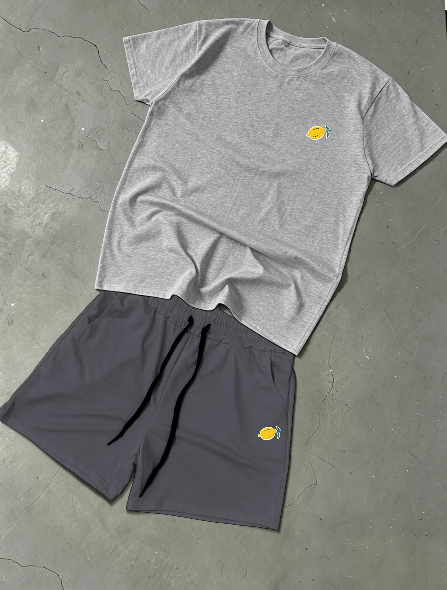 Unisex Casual Outfit: Premium Cotton Set with Simple Lemon Print T-shirt & Elastic Waist Shorts, Versatile Summer Sport Wear