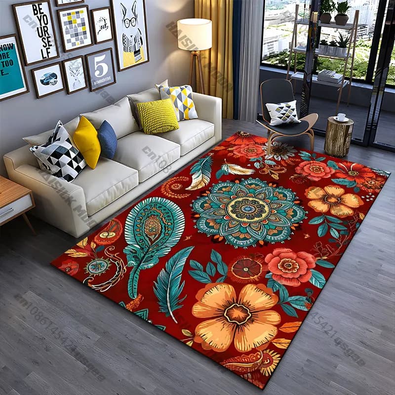Tappeto dal design floreale vivace e mandala, tappeto da yoga, decorazione per soggiorno, tappetino per gattonare per bambini, tappetino per gioco