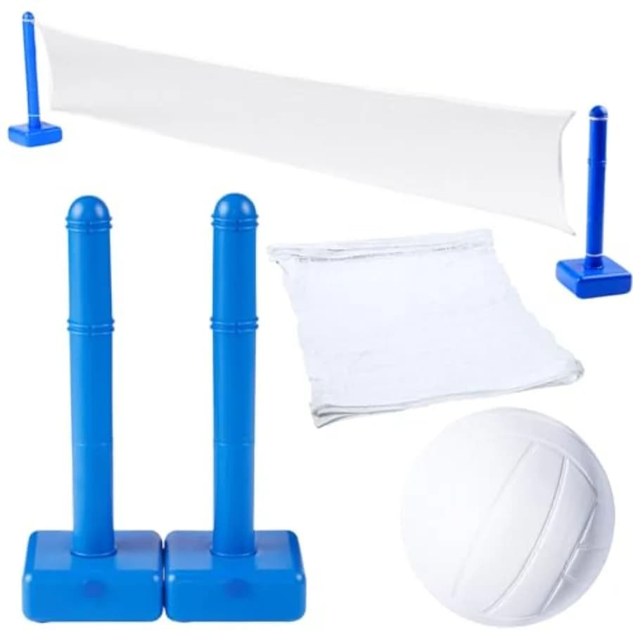 Set di rete da pallavolo per piscina con palla, regolabile fino a 20 piedi di larghezza | Per Bambini e Adulti | 2 basi blu riempibili con acqua | Facile da montare, compatibile con piscine interrate per esterni e interni