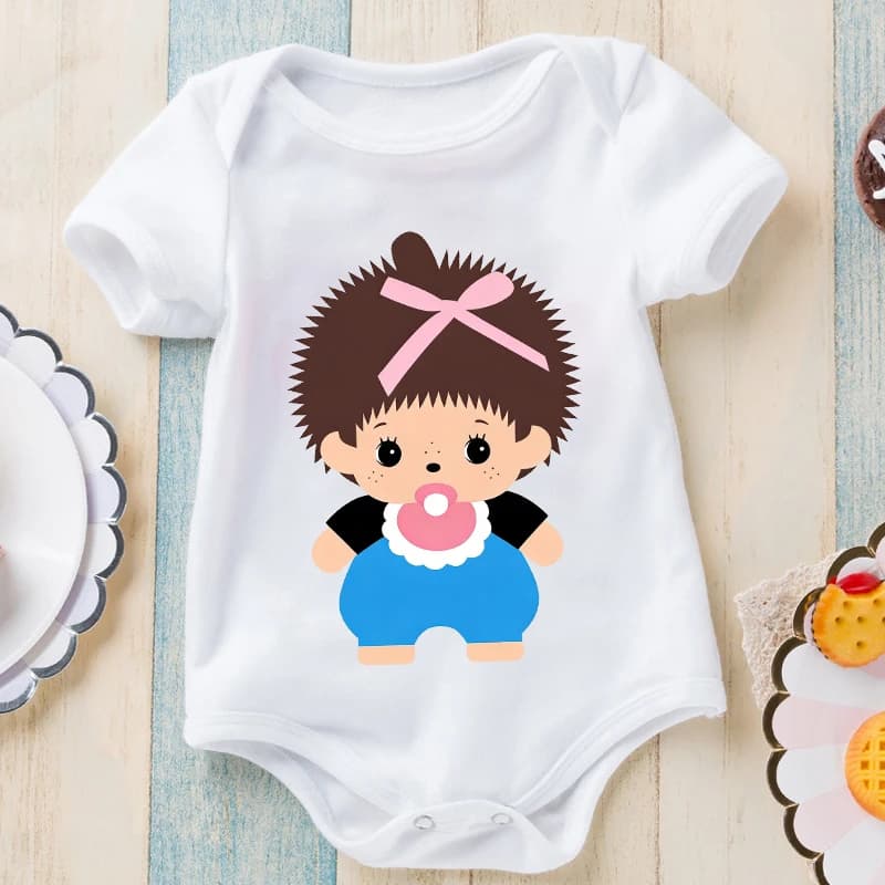 Simpatico tutina Monchhichi per neonati, maschietti e femminucce, in cotone, a maniche corte, con disegno di scimmietta, stile kawaii.