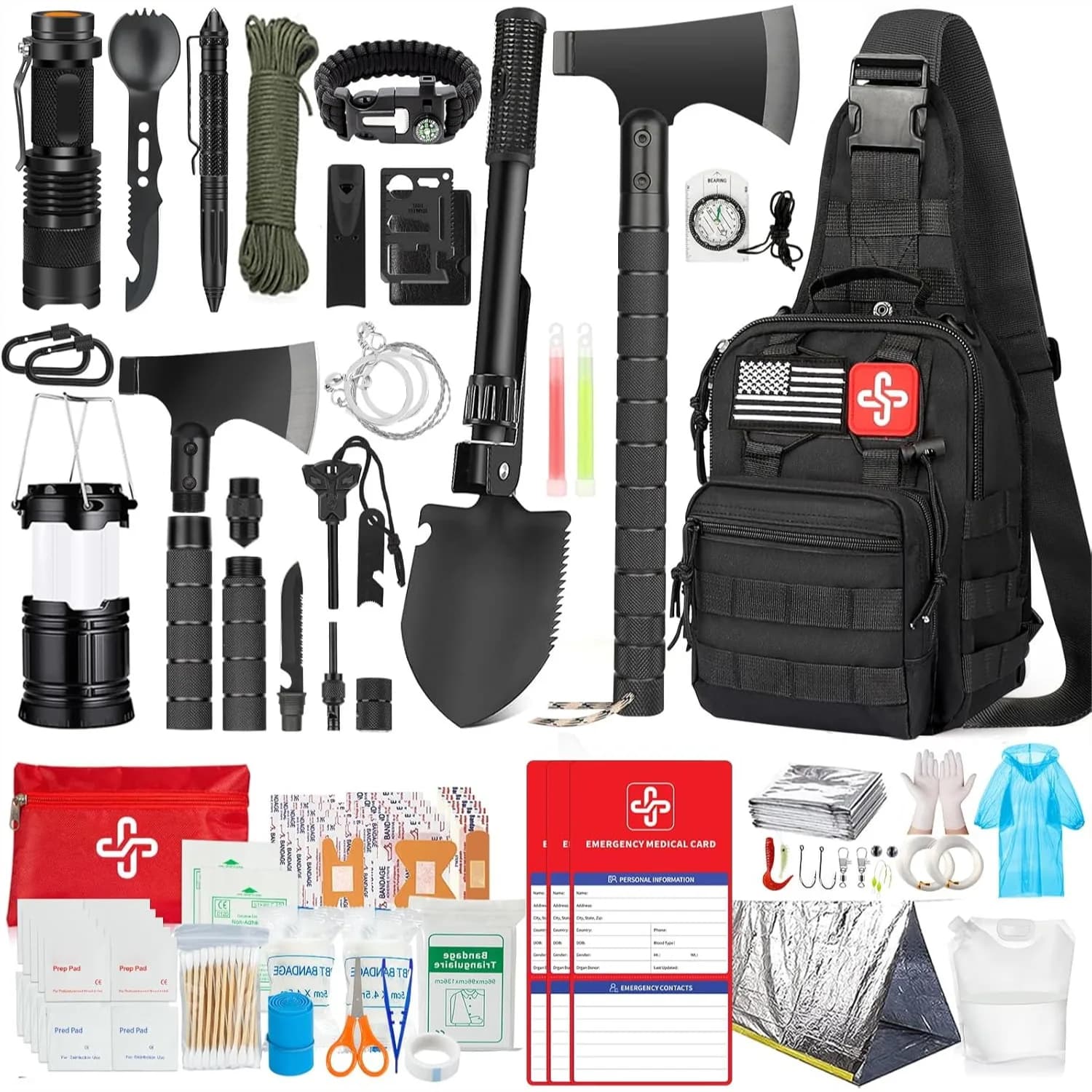 Kit di sopravvivenza da 262 pezzi con ascia, pala, tenda, kit di pronto soccorso, borsa a tracolla per campeggio, escursionismo ed emergenze