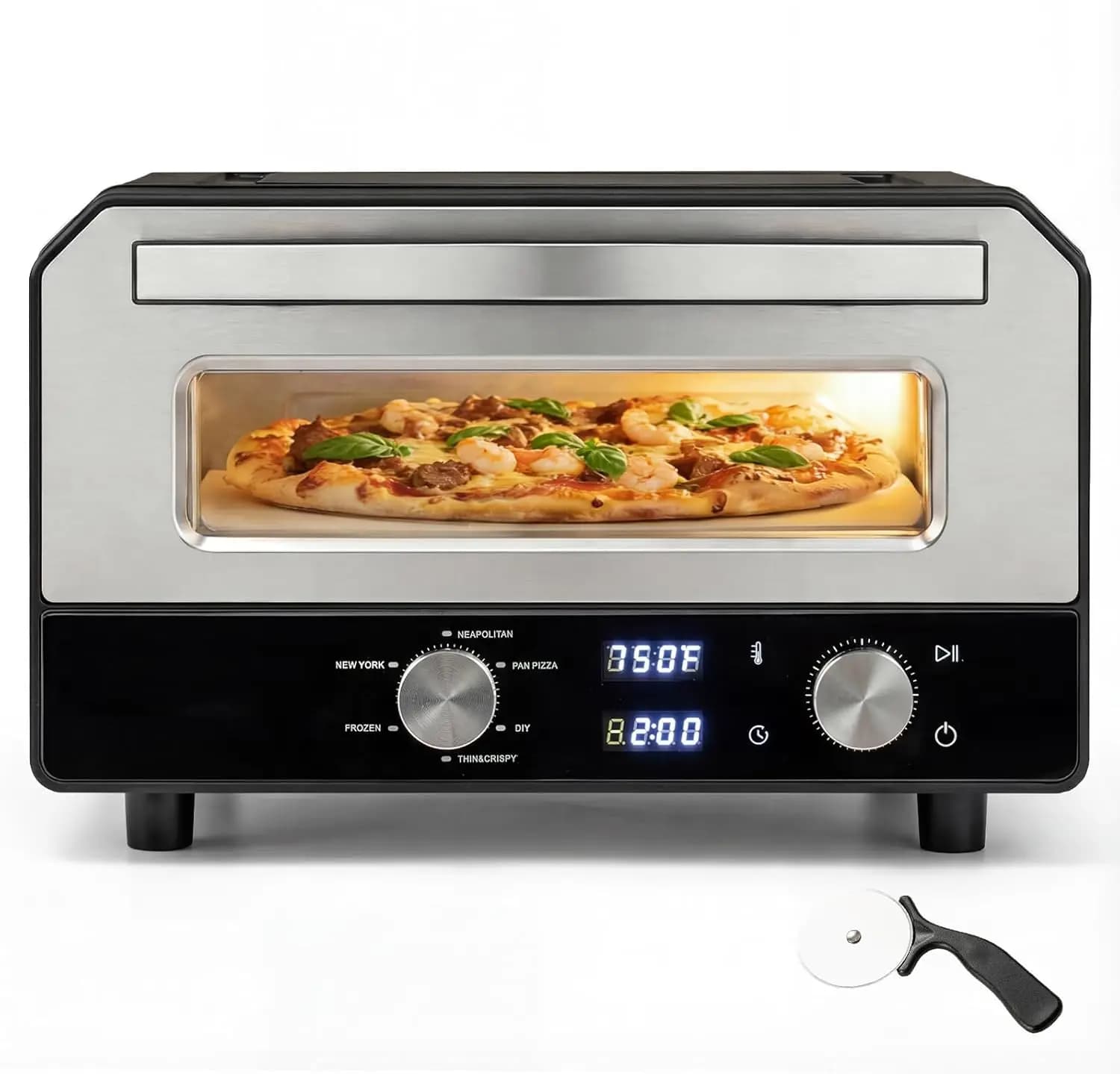 1700W Electric Pizza Oven for Indoor Use, Countertop Pizza Maker with 6 Preset Cooking Modes, Pizza Stone & Cutter Wheel, Bakes
