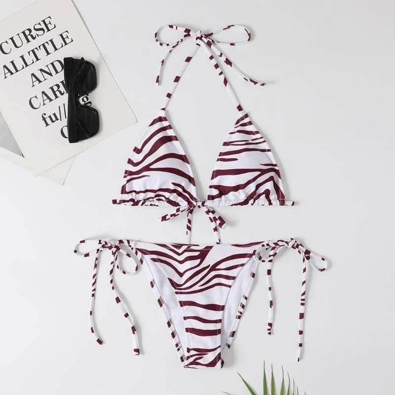 E56D Costume da bagno a triangolo 2 pezzi per donna Costume da bagno con stampa a righe Set allacciato collo