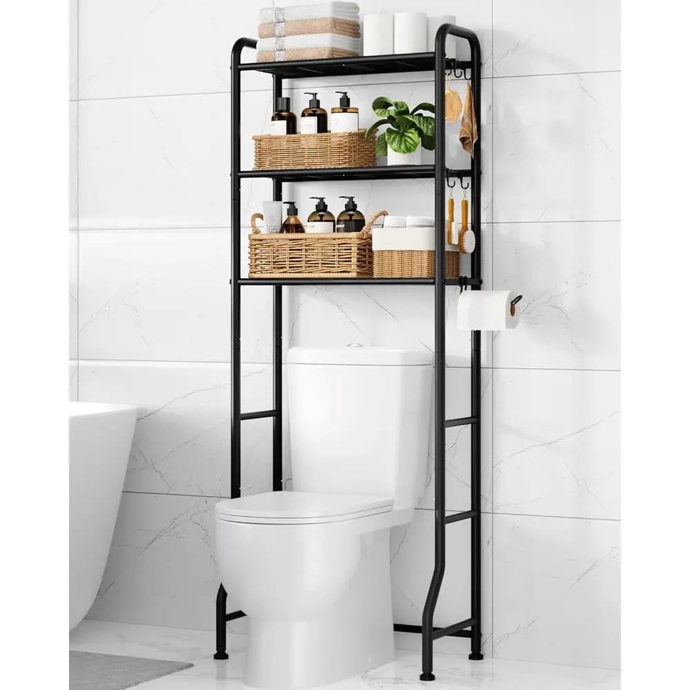 Scaffale per WC sopra il WC - Scaffale per organizer da bagno in metallo sopra il WC, armadio sopra il WC con portarotolo e gancio