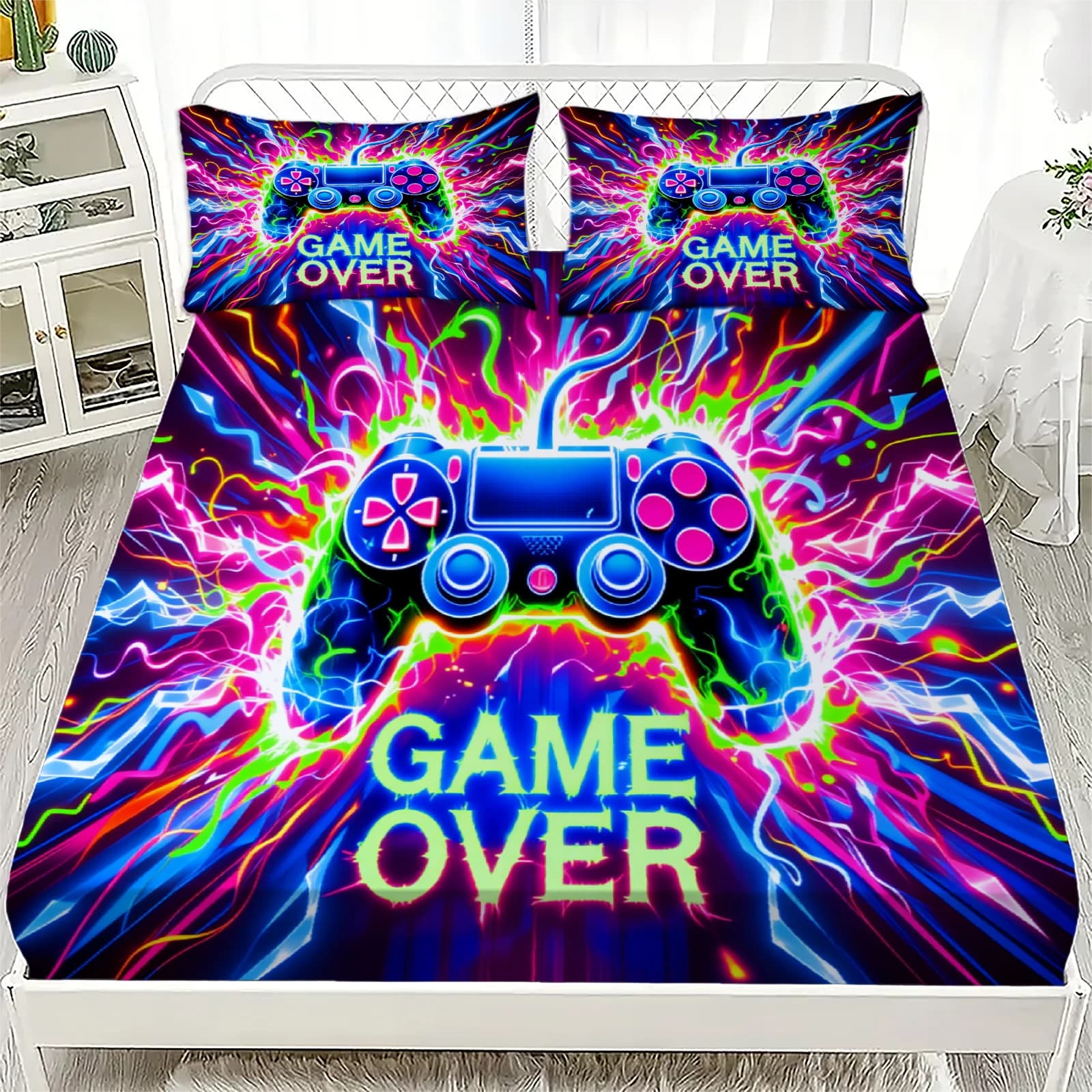 Nuovi Set di Lenzuola 2026, 3 Pezzi, Set Completo con Grafica Neon e Controller di Gioco, per Ragazzi e Decorazione Camera da Letto Gamer