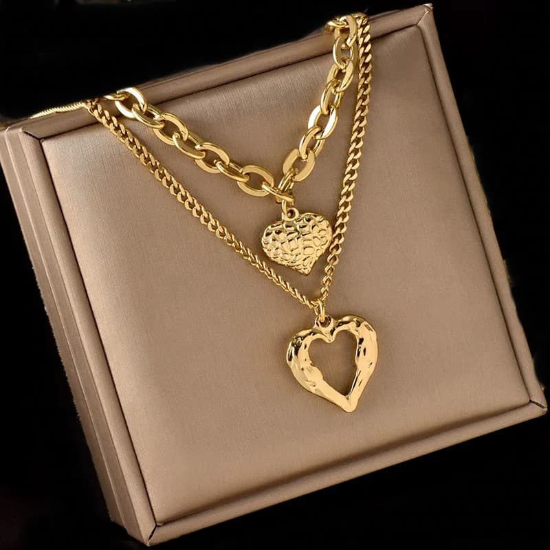 Double Layer O Chain Hollow Love Heart Necklcaes for Women Fashion Hip Hop Exaggerated Cuban Chain Choker Necklace Party Jewelry