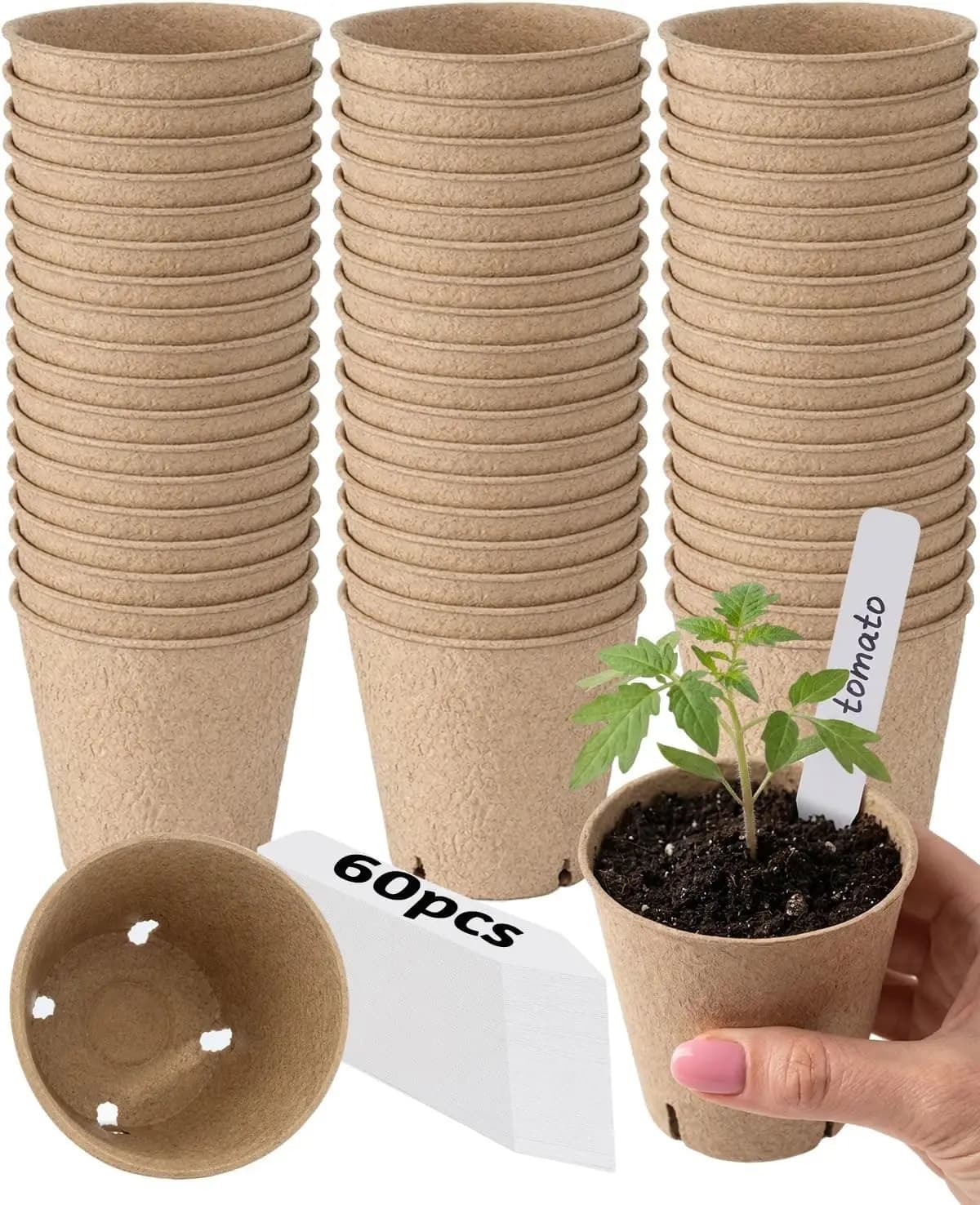 60 Pcs 3.15" Biodegradable Peat Pots for Seed Starting with Plant Labels, Seedling Nursery Pots for Flower Vegetable Herb Germination