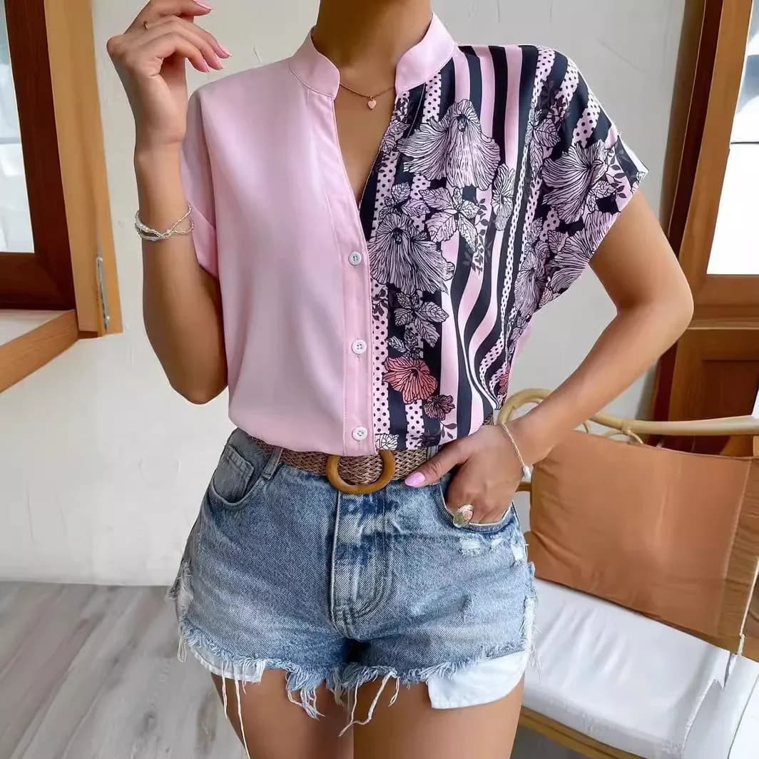 Camicetta con scollo a V con stampa floreale a righe moda elegante Camicie con bottoni da strada a maniche corte Camicetta casual allentata estiva Blusas da donna