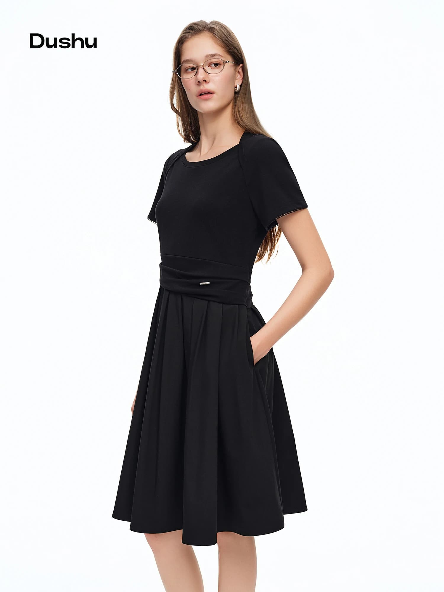 DUSHU 2026 Summer Women's Crossed Boat Neck Tuck Detail Knit Panel Black Midi Dress - Elegant Stylish for Party and Daily Wear