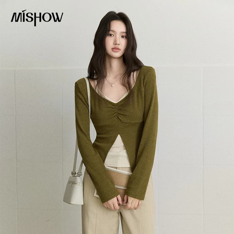 MISHOW Women's Retro Green Striped Fake Two‑Piece Knit Top 2026 Autumn V‑Neck Slit Hem Tops Slim Elegant Knitwear MXF43T3186