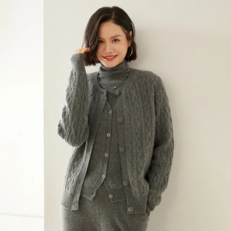 100% Cashmere Women's Cardigan Autumn Winter Seven-Needle Thick Knitted Sweater High-End Round Neck Coat Sweater