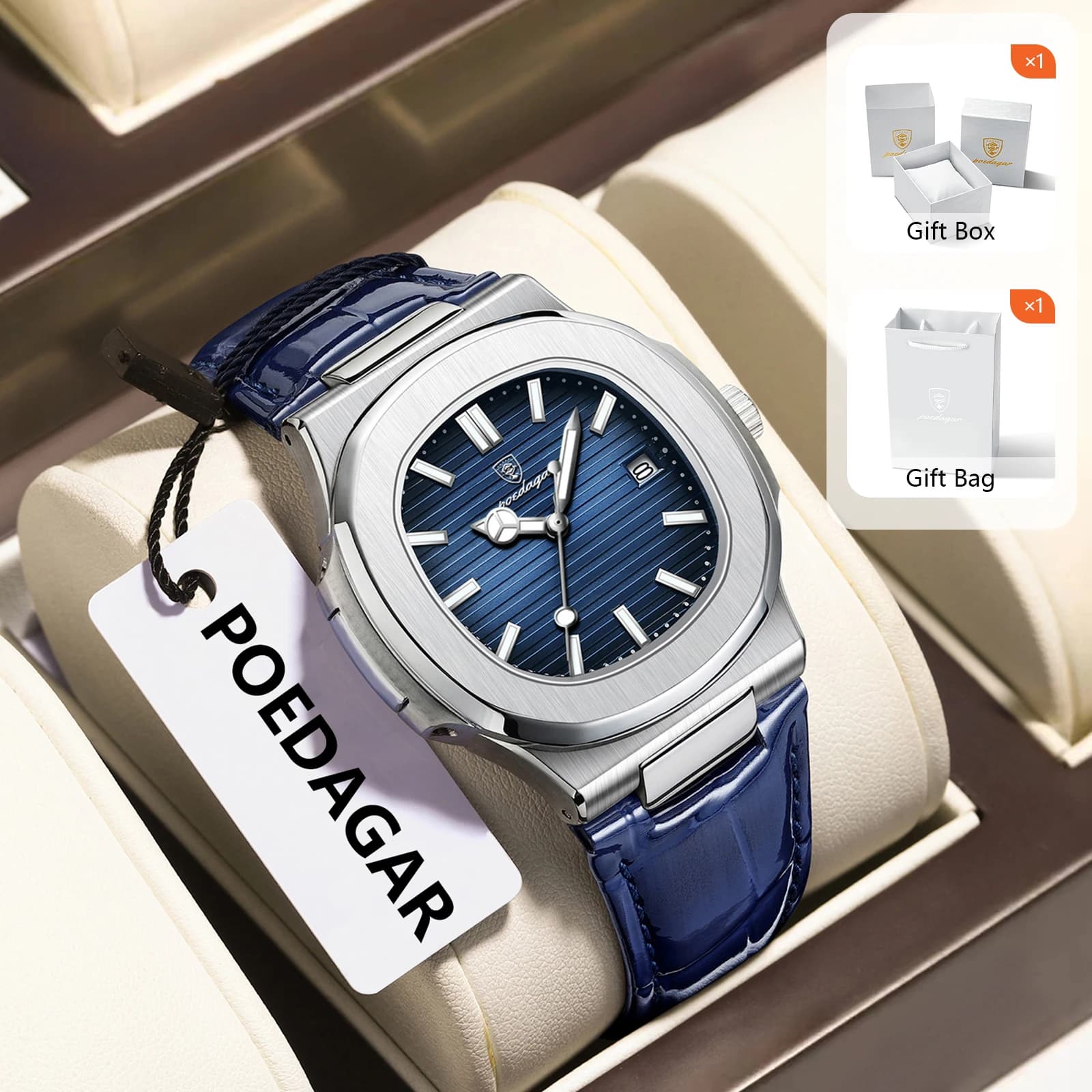 POEDAGAR Orologi da uomo d'affari originali Orologio da polso da uomo con data luminosa impermeabile Orologio da uomo al quarzo moda in pelle regalo con scatola