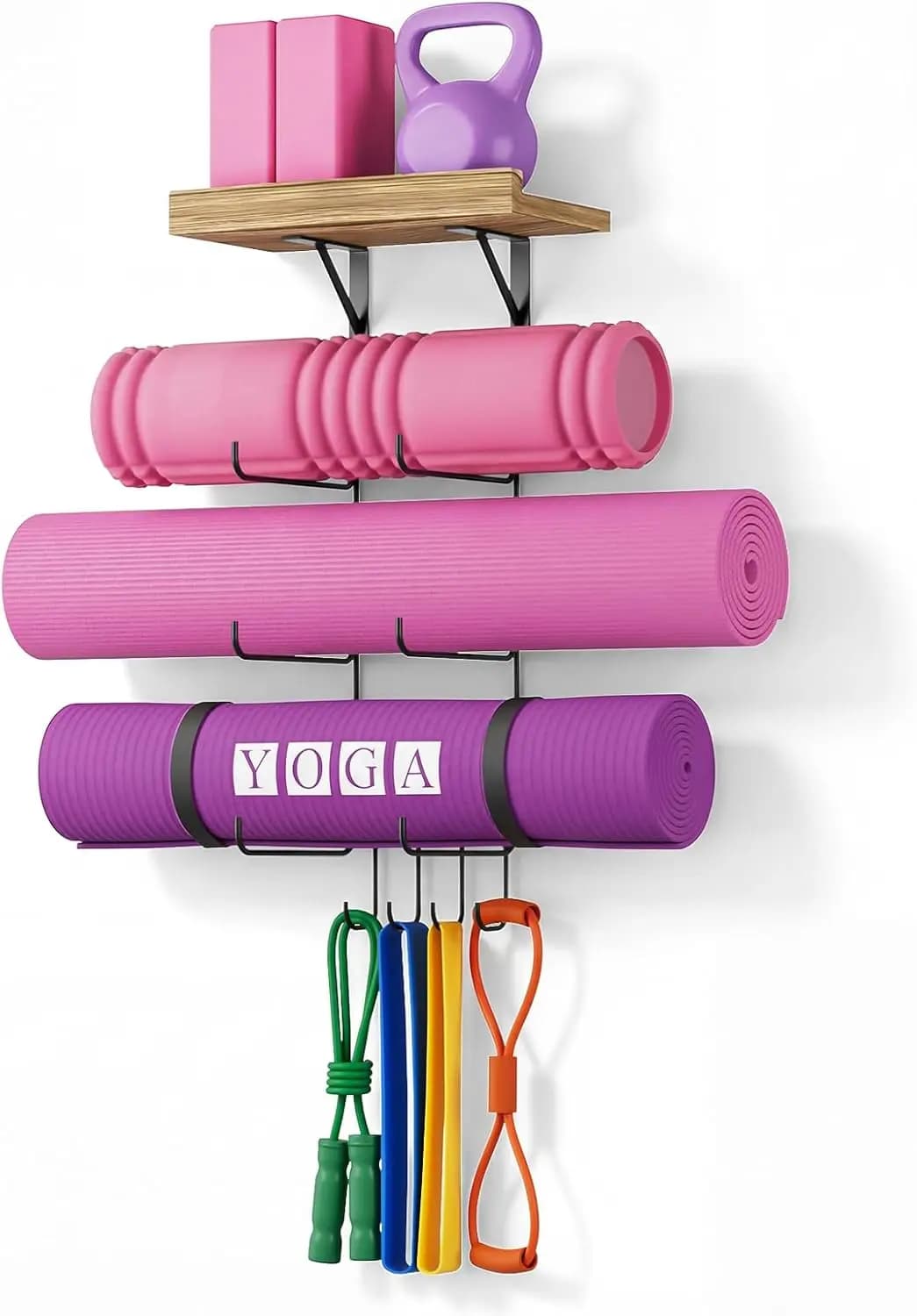 Supporto da parete per tappetini yoga con mensole in legno e 4 ganci per l'organizzazione della palestra domestica in nero carbonizzato