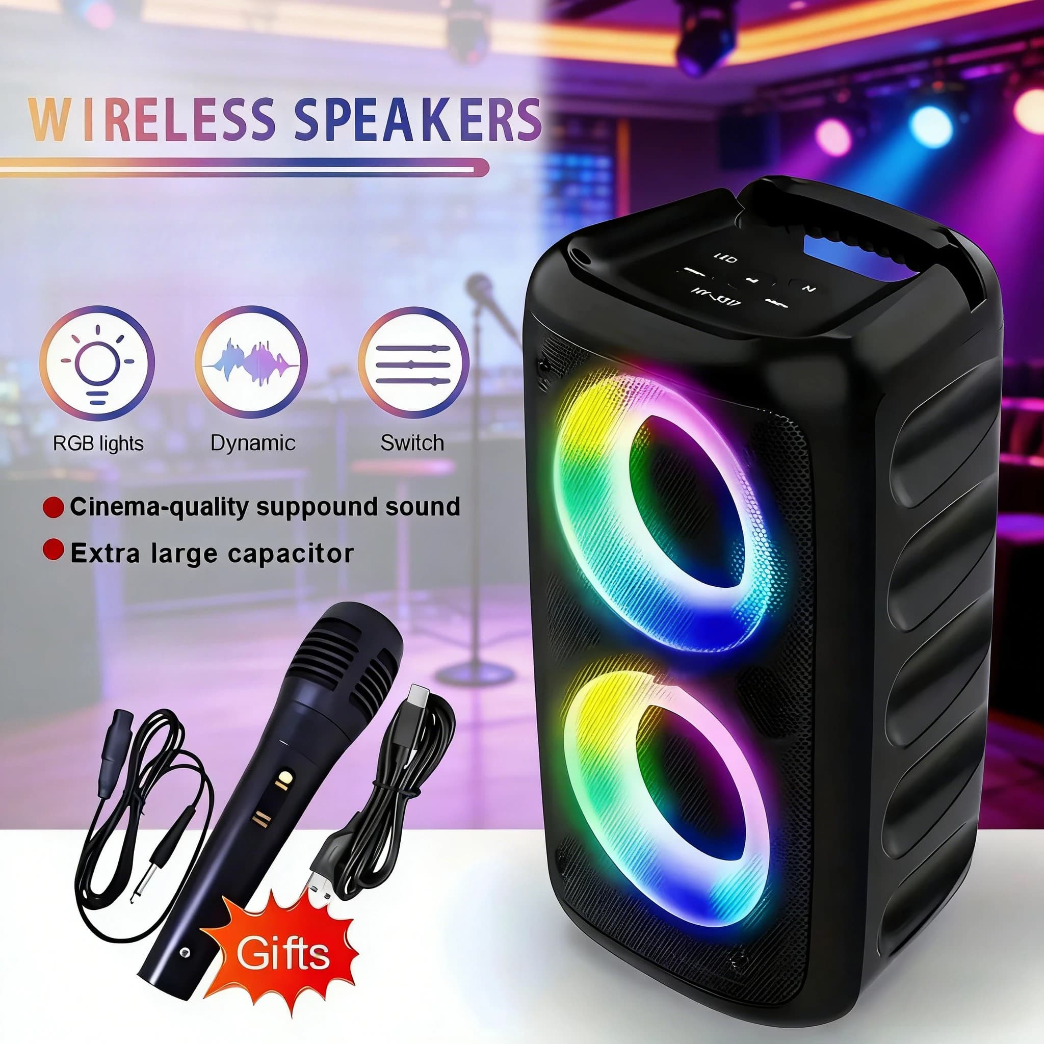 Altoparlante Bluetooth Portatile con Radio FM, Microfono, Lampada, Subwoofer LED, Macchina TWS, Cassa Acustica Musicale