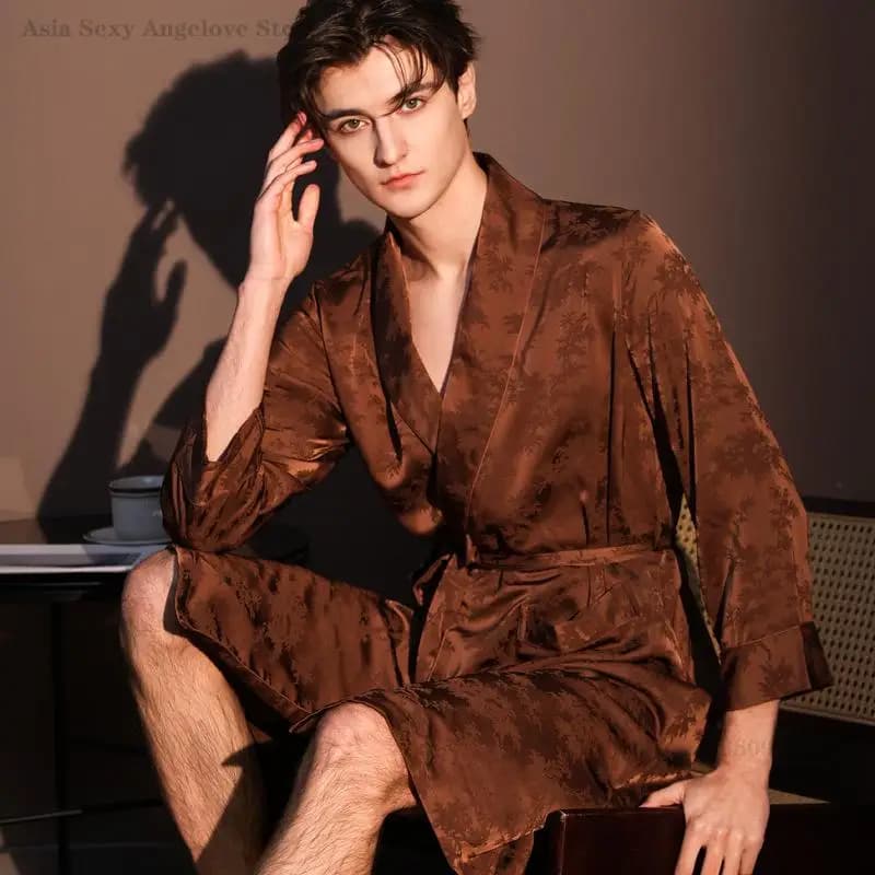 Vestaglia da Uomo Elegante con Risvolto, Kimono Casual in Raso Jacquard Yukata con Cintura, Abbigliamento da Notte Primaverile Estivo per Casa