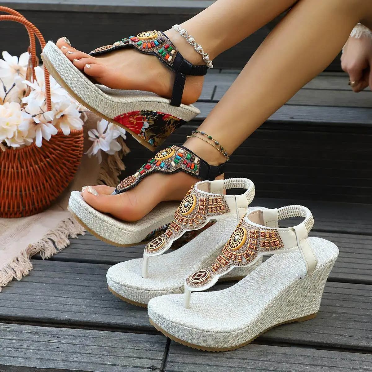 2026 New Roman Bohemian Style Sandals Fashionable Elastic Strap Slope Heel Sandals Large Size Cross-Border Men's Shoes