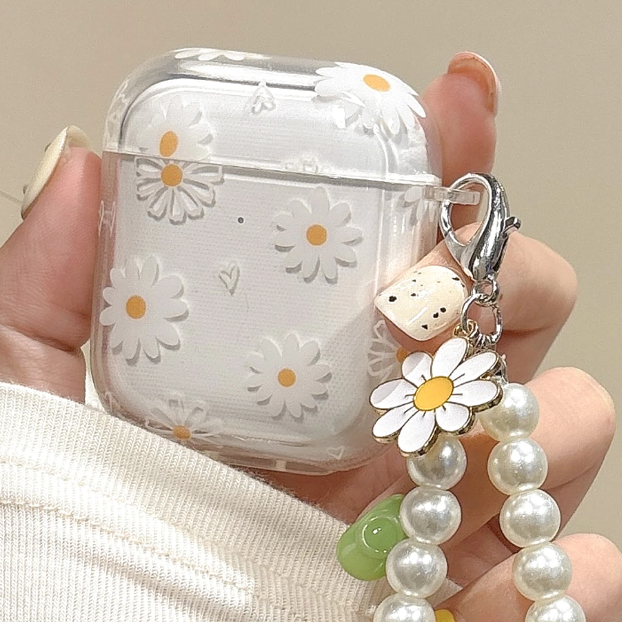 Wireless Bluetooth Case for AirPods1/2 AirPods3 AirPods pro and pro2 cover for earphones with floral pattern in tpu with imitation pearl chai